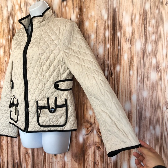 Ann Taylor Pearl White with Black Trim Quilted Zipper Jacket - Picture 2 of 6